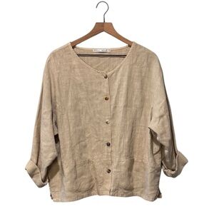 marc wear tan Linen Button Front Cuffed Sleeve Boxy Lagenlook Top m